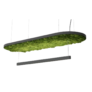 Green acoustic ceiling panel with hanging rods.