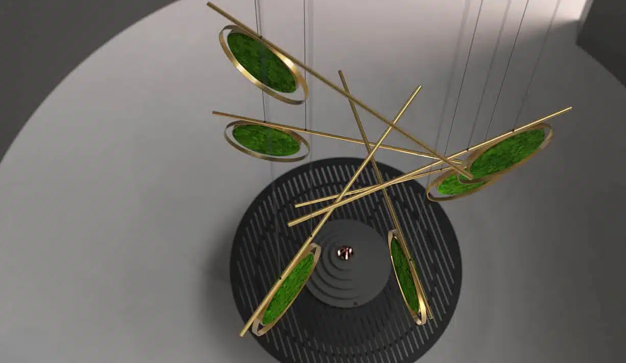 Modern chandelier with green accents and circular design.