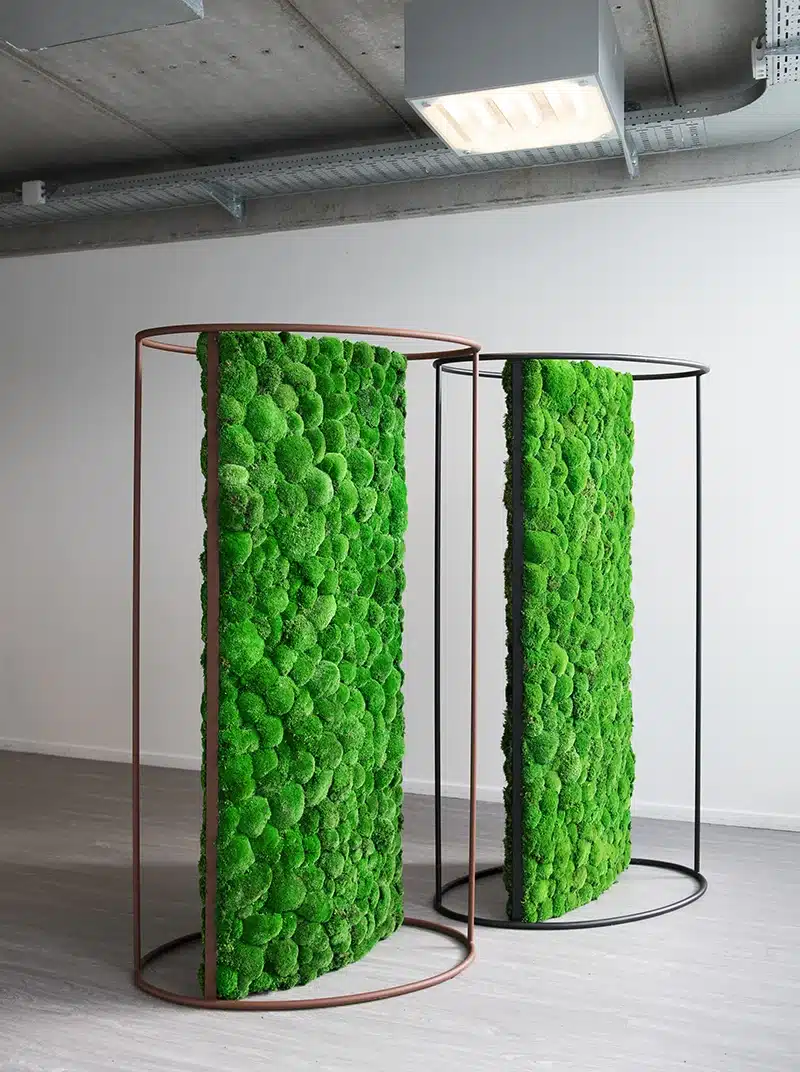 Two vertical green moss panels in metal frames.