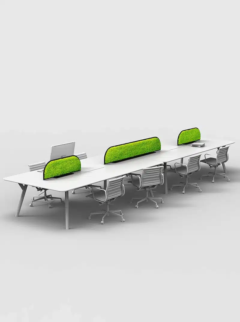 Office workspace with green dividers and chairs