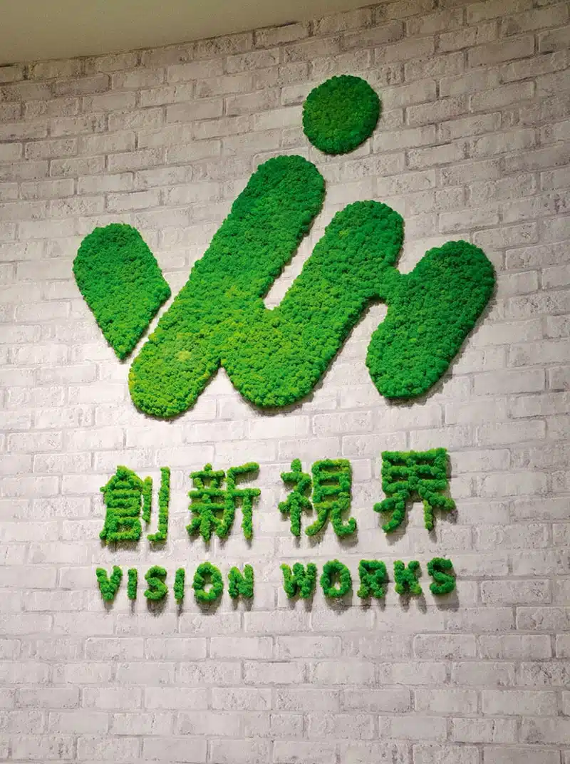 Green leaf logo with Chinese text, Vision Works
