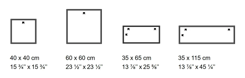Different frame sizes with dimensions in centimeters, inches.