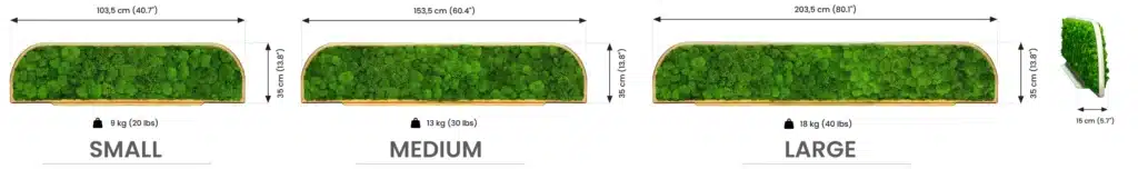 Small, medium, large green plant decor dimensions and weights