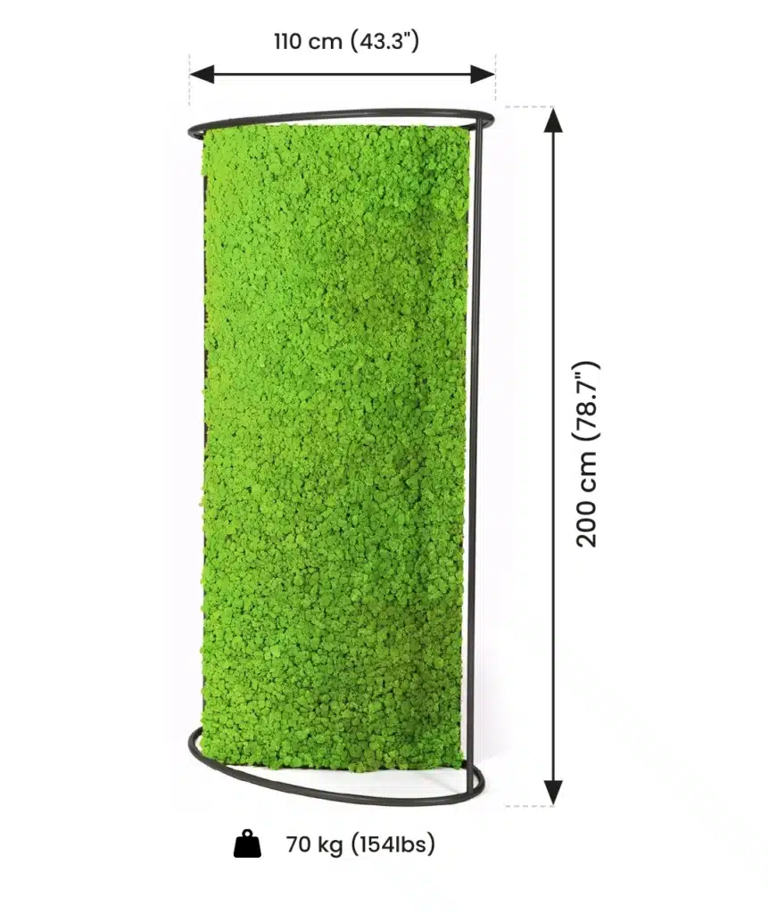 Curved green moss wall dimensions and weight displayed.