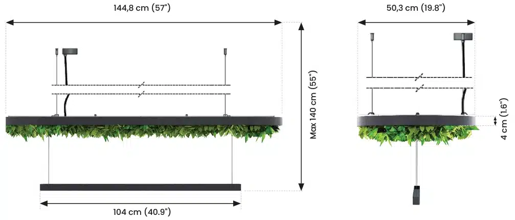 Dimensions of hanging garden light fixture with greenery.