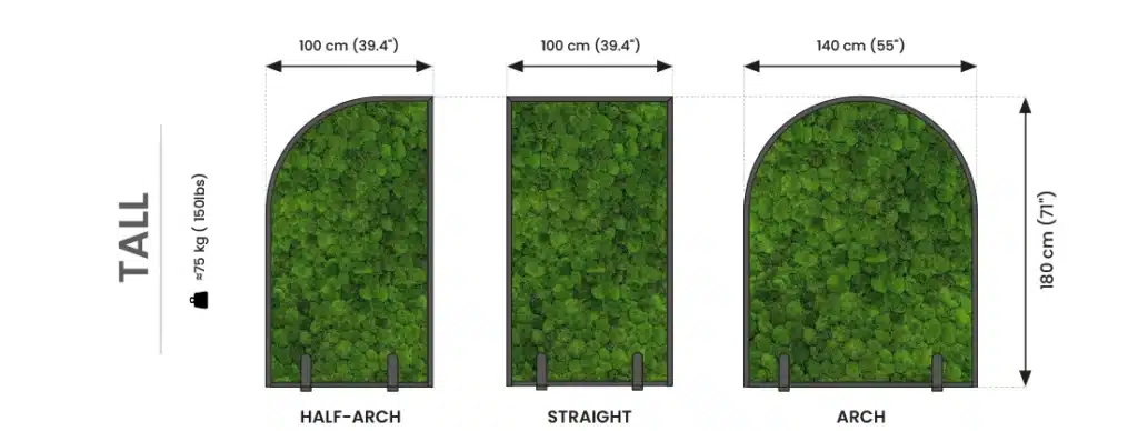 Size comparison of plant wall panels: half-arch, straight, arch.