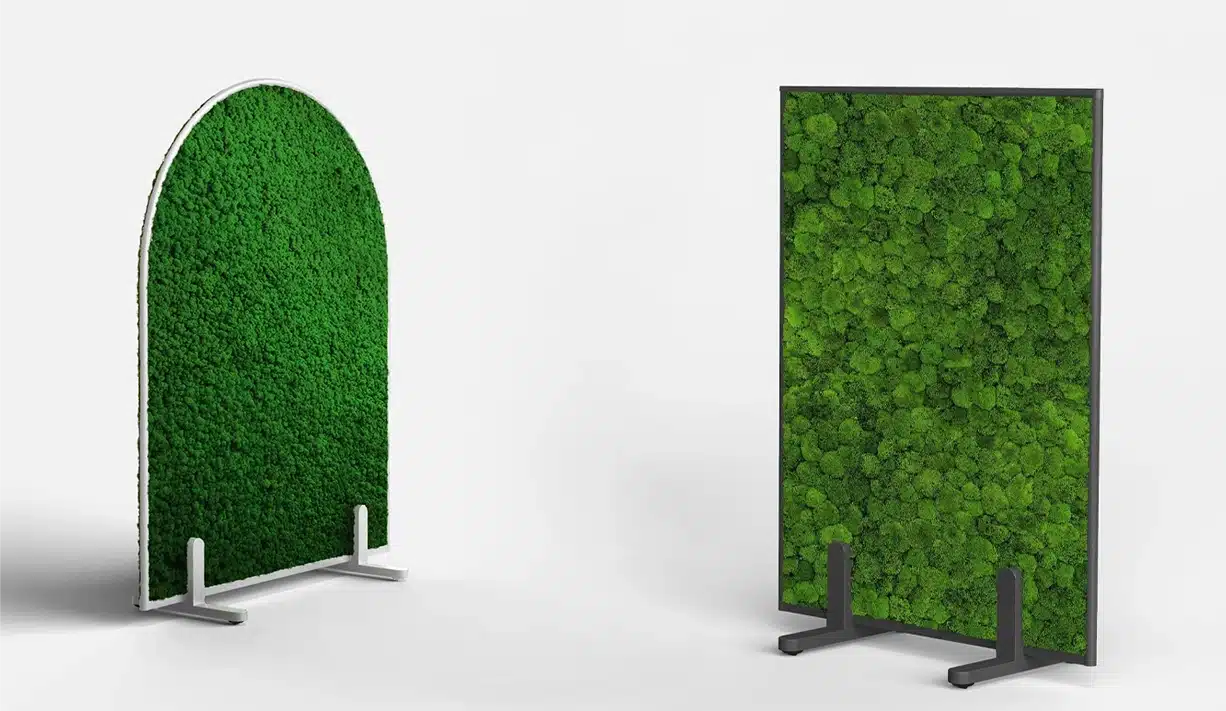 Green moss acoustic panels on stands.